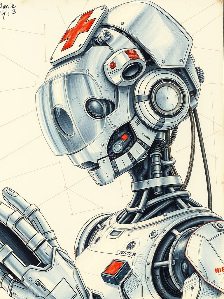 Retro-Futuristic Nurse Robot: Mechanical Drawing in Sorayama...