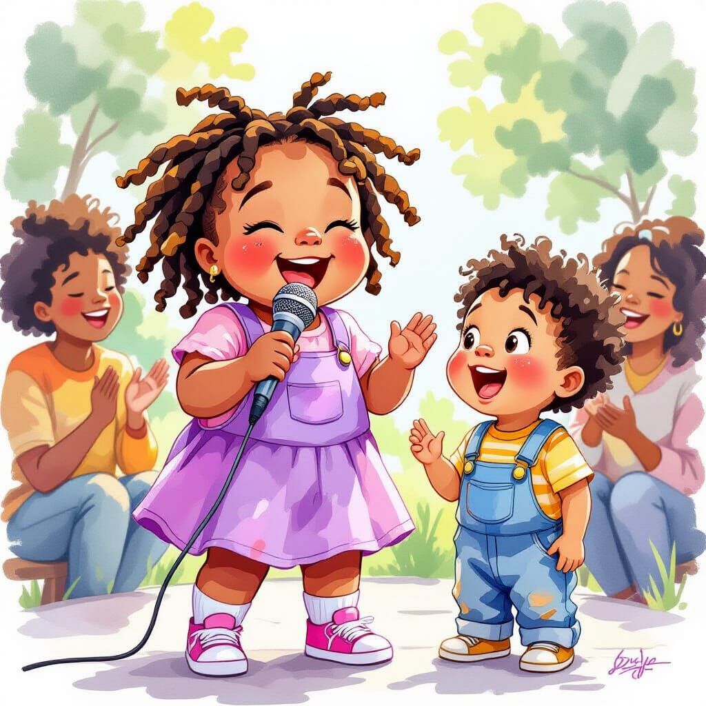 Karaoke Joy: A Watercolor Portrait of Childhood