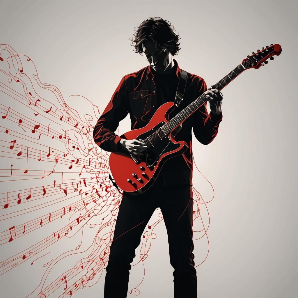 Minimalist Silhouette of Guitarist Made of Musical Notes
