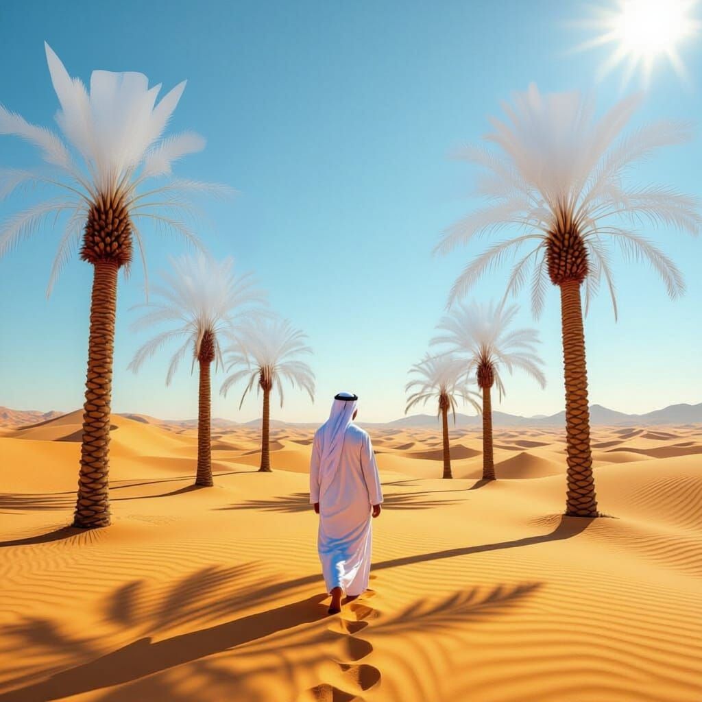 Man in Desert Landscape with Palm Trees