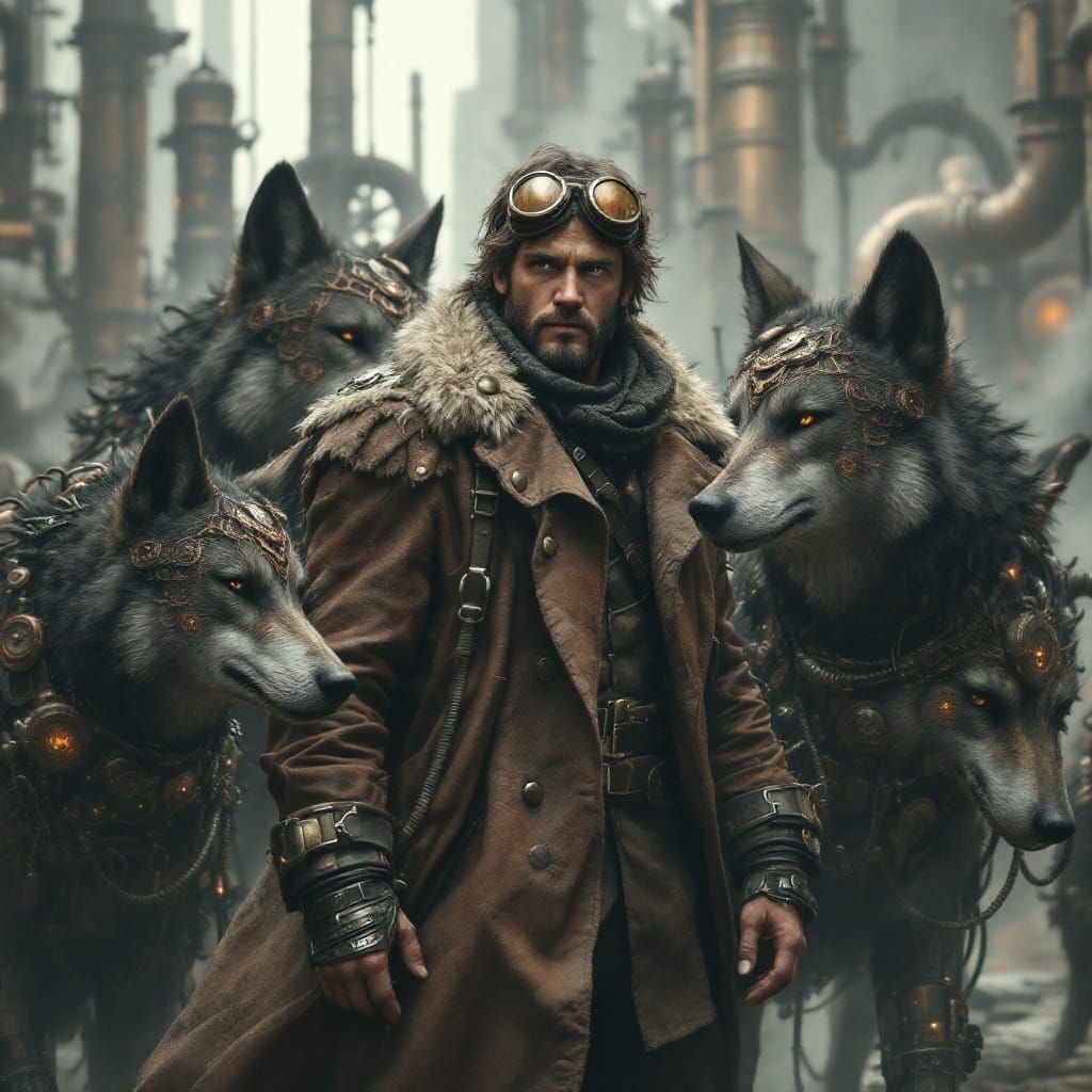 Heroic Hunter Surrounded by Steam-Powered Wolves in Cyberpun...