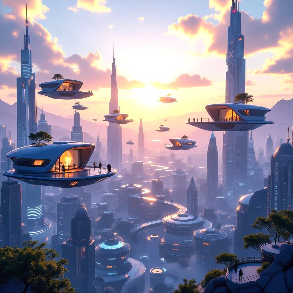 Futuristic City with Floating Houses in Epic 3D Style