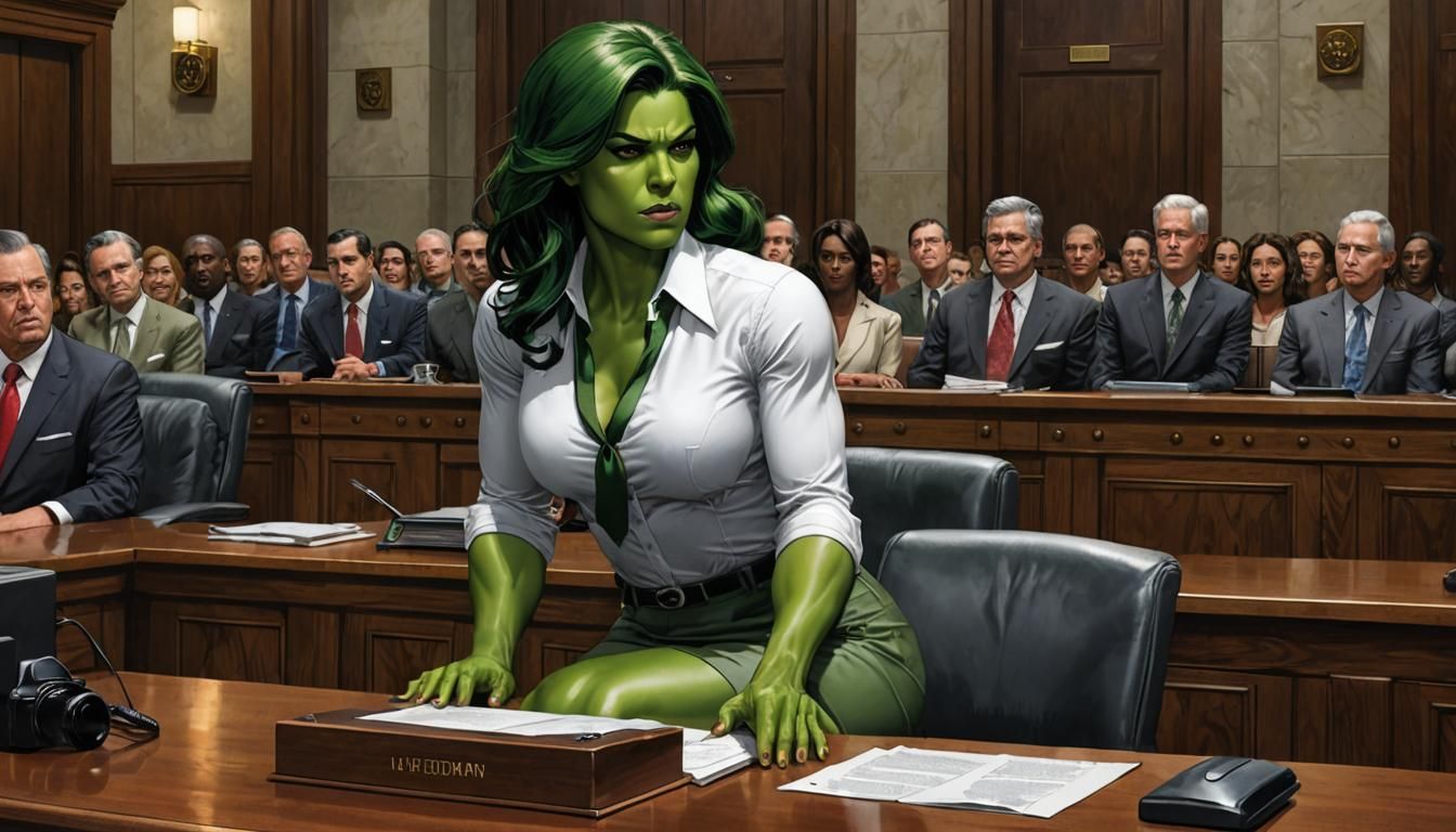 Hyperrealistic She-Hulk in Courtroom