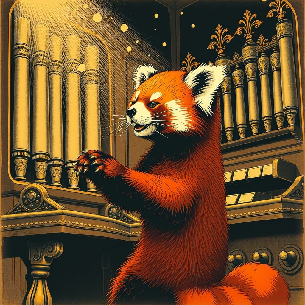 Red Panda Plays Organ in Vintage Lithograph Style