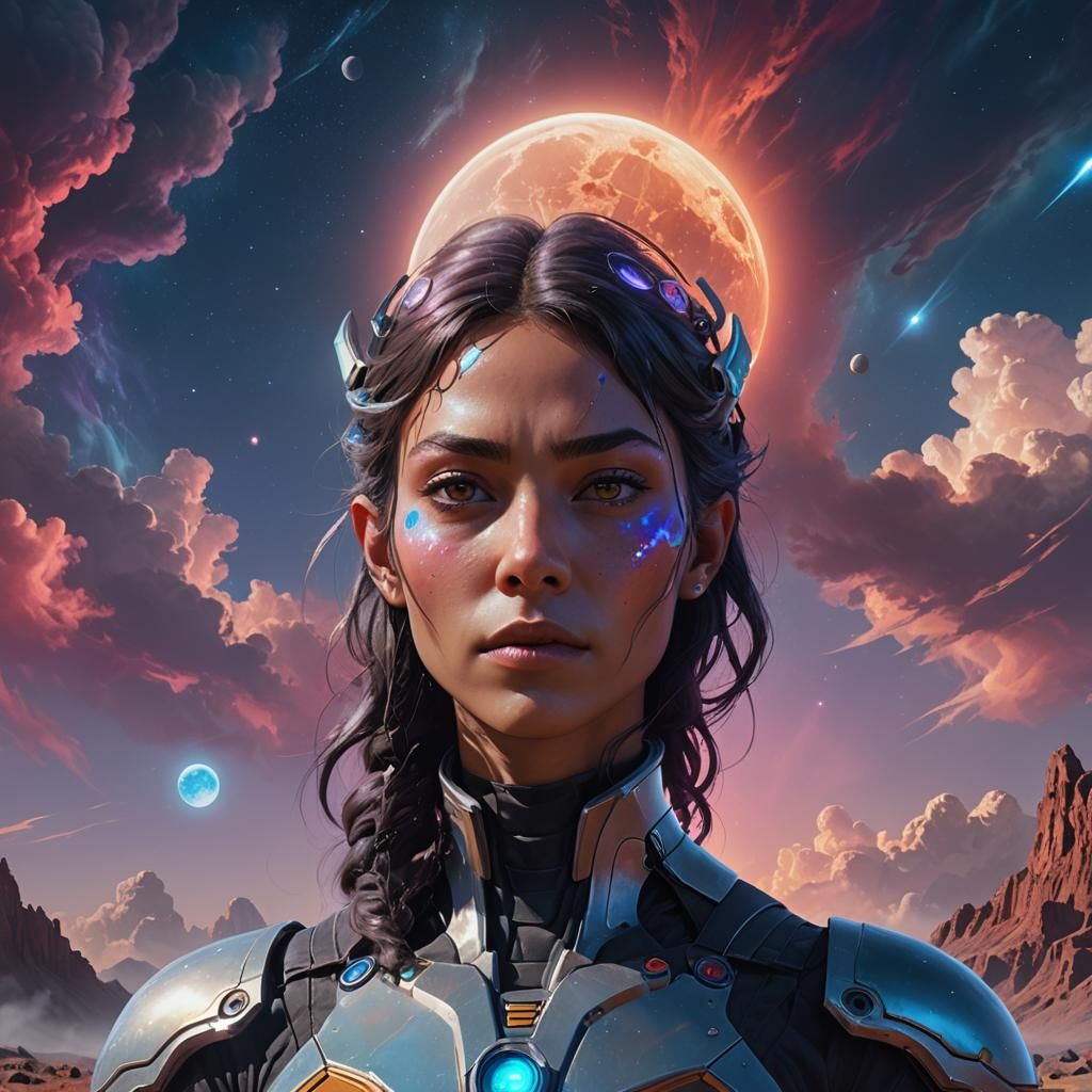 Sci-Fi Portrait on Alien Earth with Moon