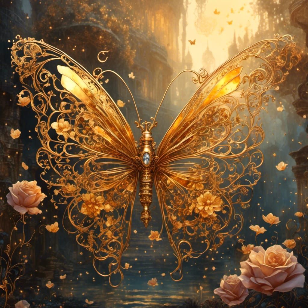Golden Butterfly on Rose at Sunset in Steampunk Style