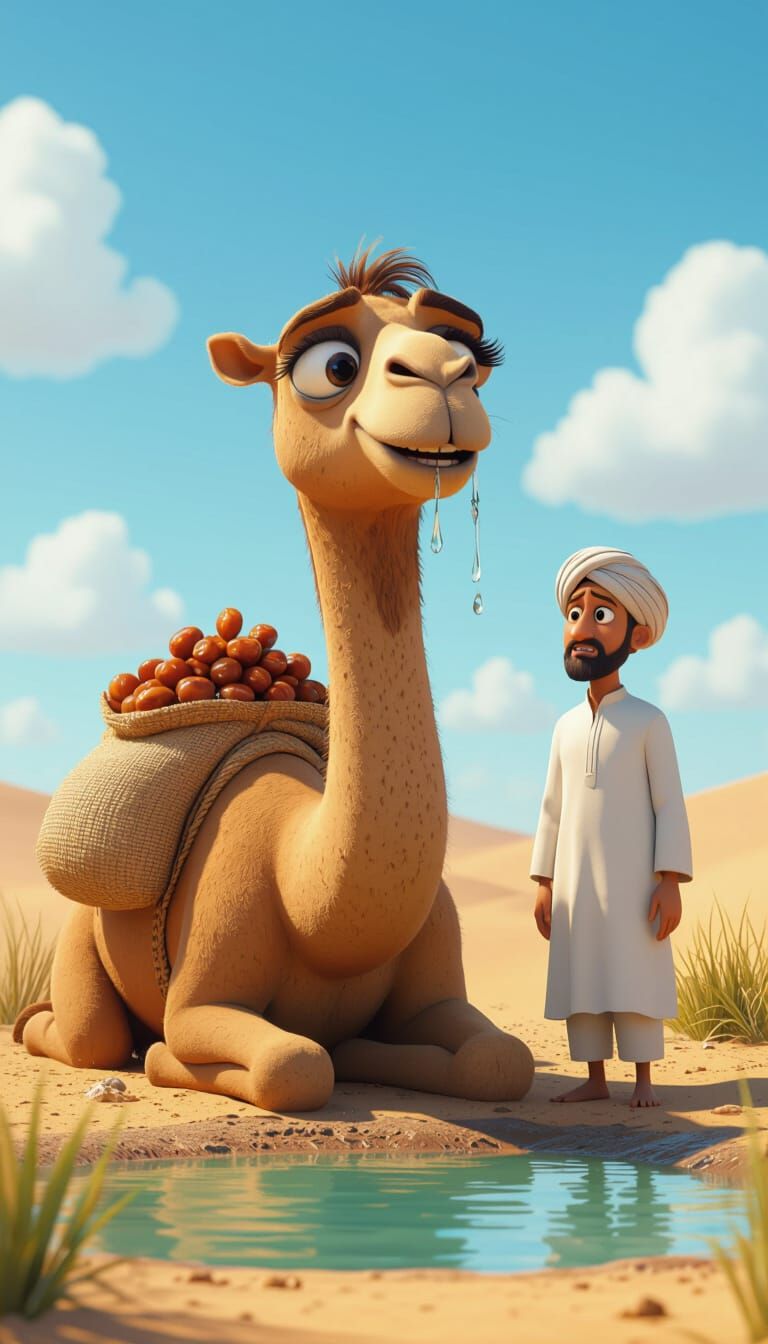 Sad Camel Cries by Pond, Watched by Sympathetic Villager