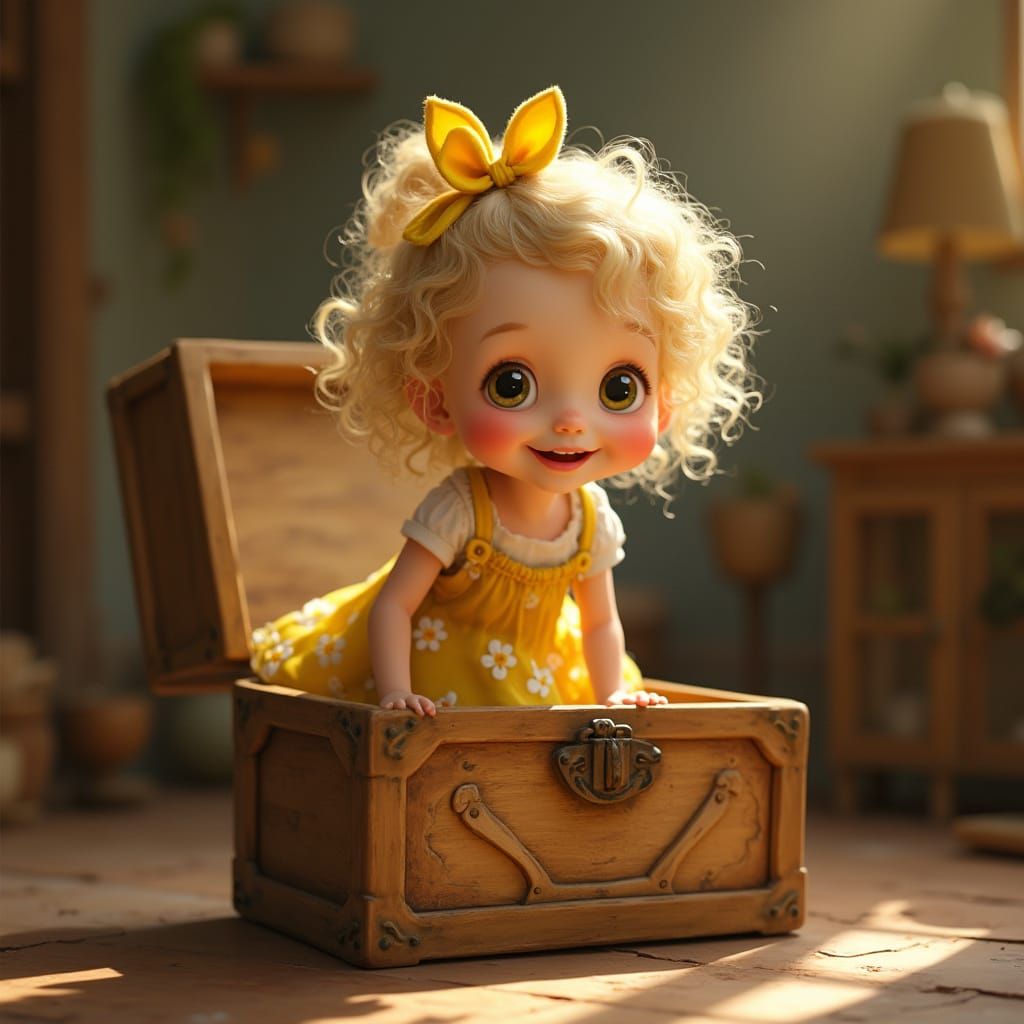 Joyful Girl Escapes Ornate Box in Whimsical Style