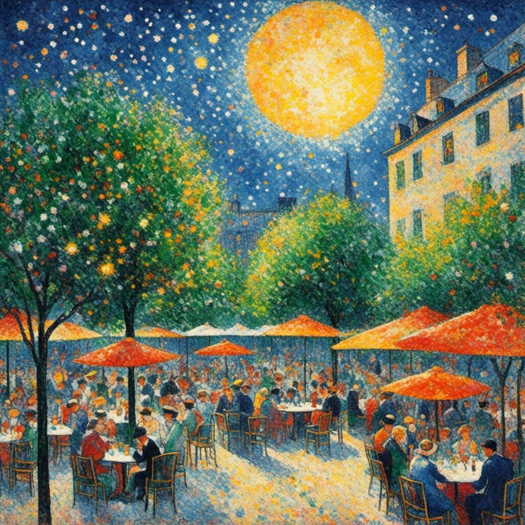 Paris Cafe Terrace at Midnight in Fauvist Style