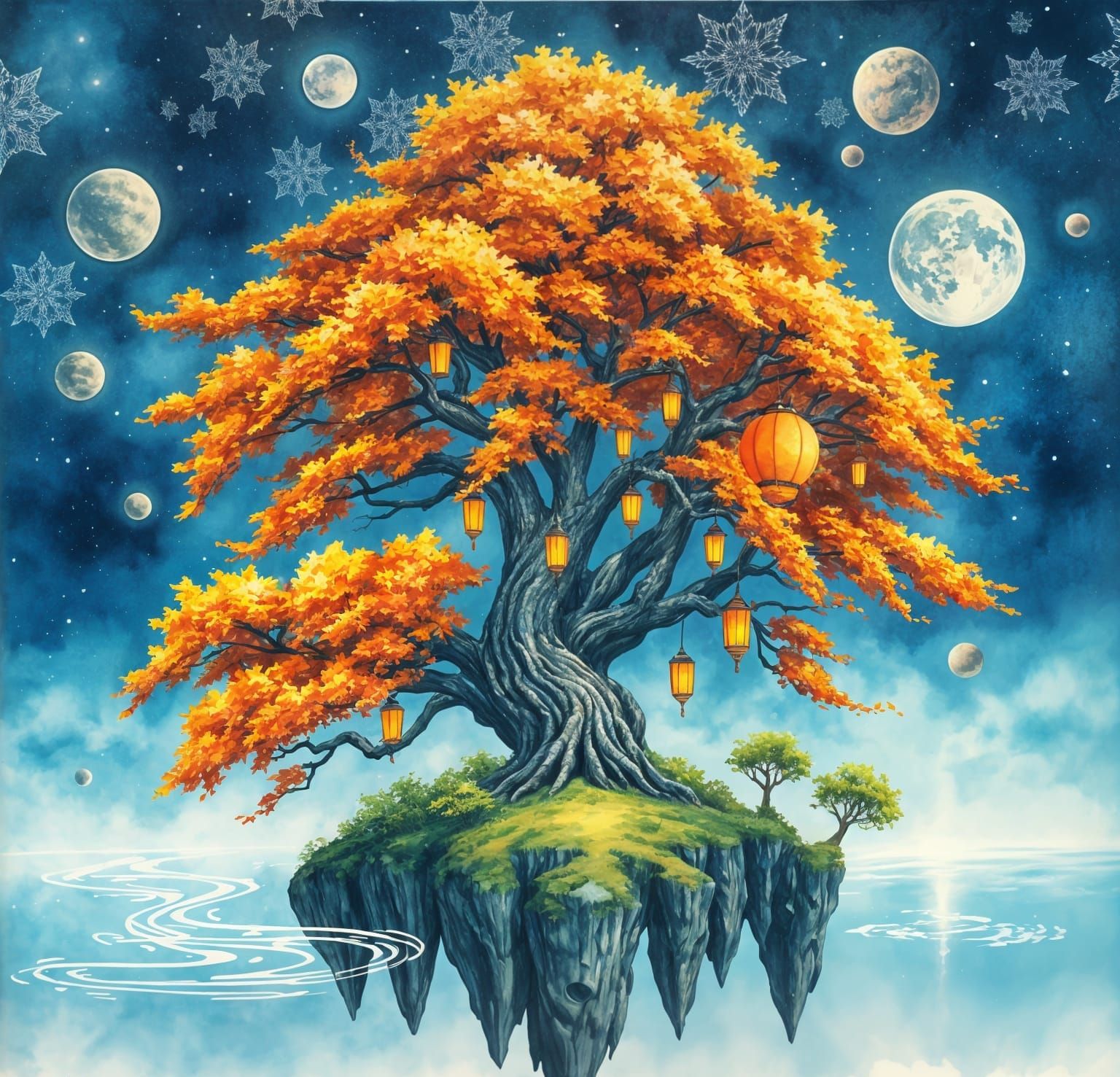 Fantasy Autumn Tree Island Under Starry Sky