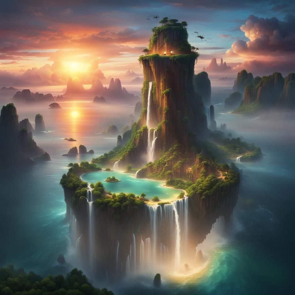 Floating Island Paradise at Sunset: Digital Matte Painting