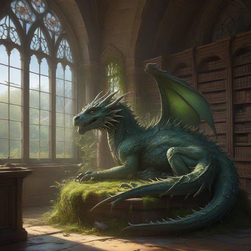 Ancient Dragon Sleeps by Overgrown Library in Ethereal Fanta...