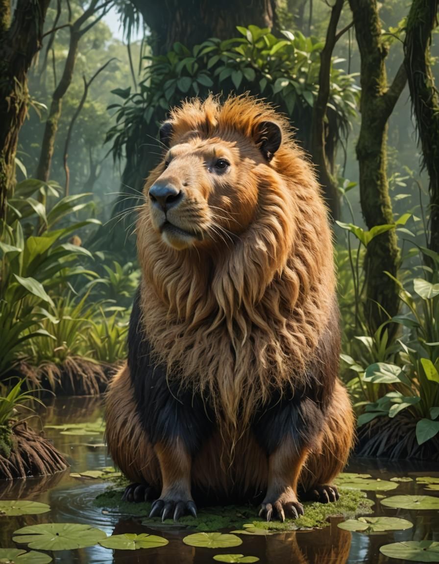 Capybara-Lion Hybrid in Lush Swamp