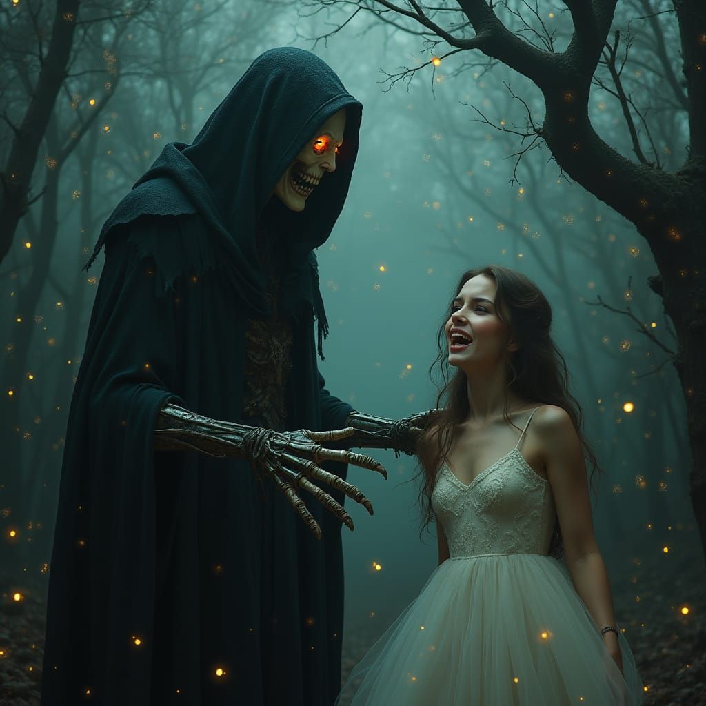 Ethereal Horror Scene: Grim Reaper in Dark Forest with Firef...
