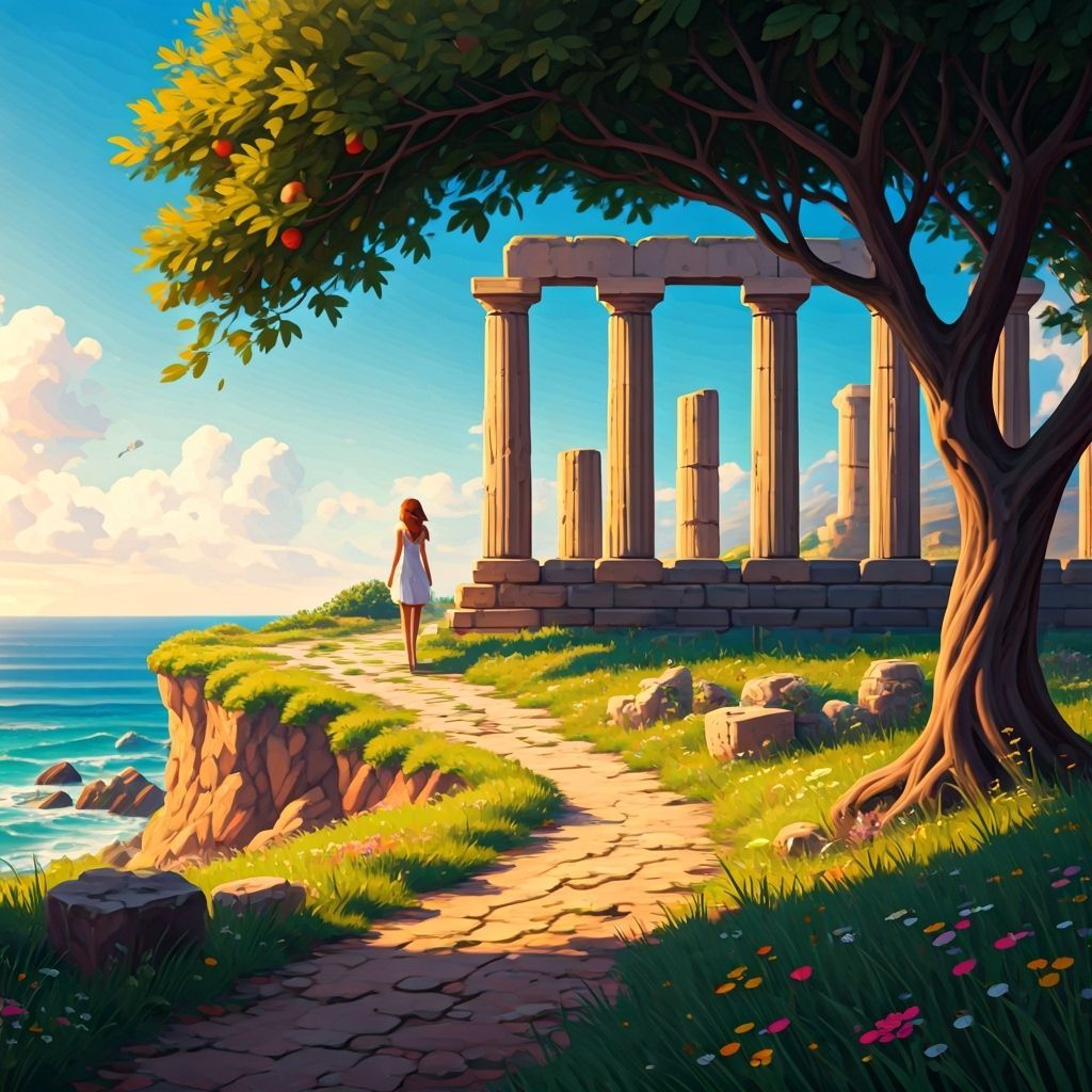 Island Coastline with Greek Ruins in Digital Painting Style
