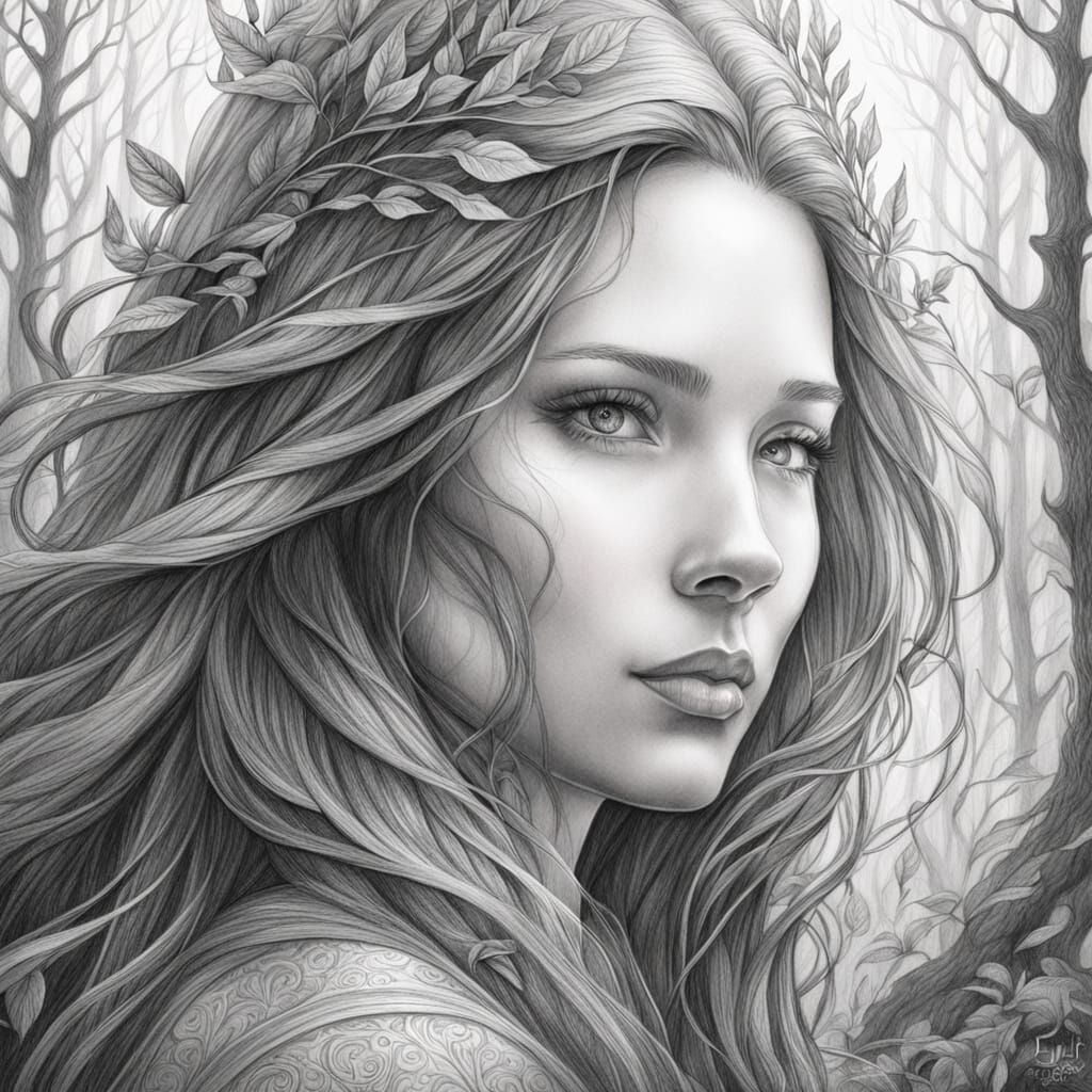 Fantasy Woman in Forest Graphite Sketch