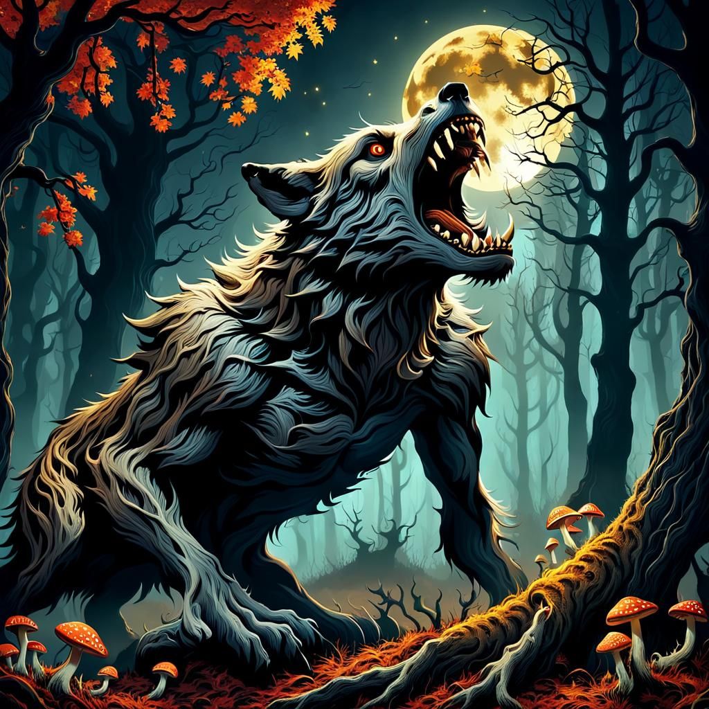 Pop Surreal Werewolf Howling at Moon
