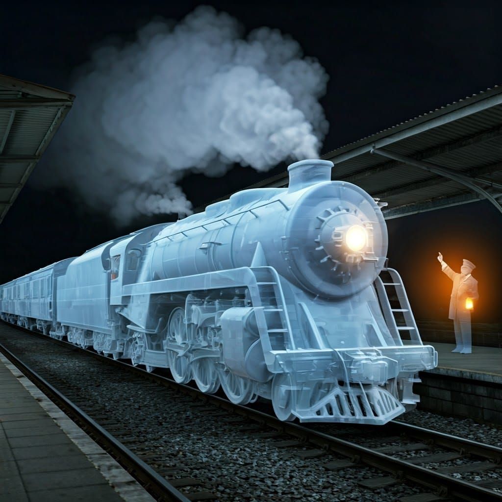 Ghostly Steam Locomotive in Abandoned Railway Station