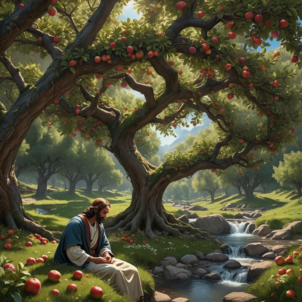 Jesus Christ Embracing Person by Apple Tree