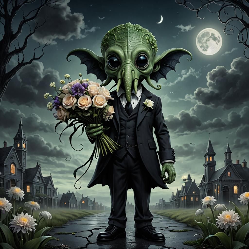 Gentleman Cthulhu with Flowers in Gothic Whimsy