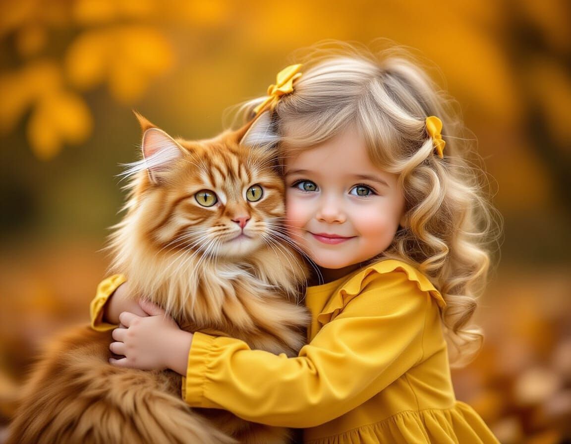 Girl Hugs Fluffy Red Cat in Autumn