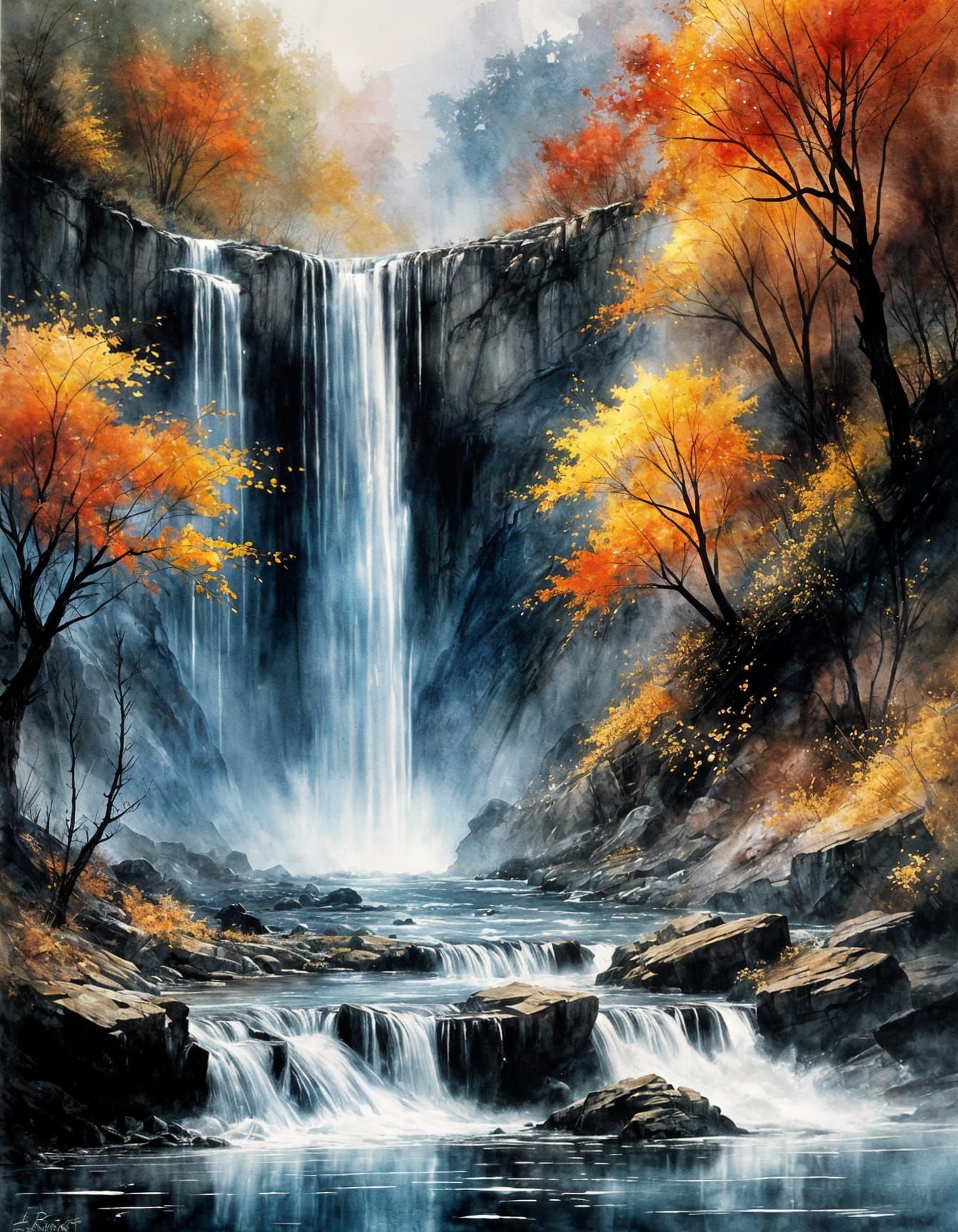 Autumn Waterfall in Watercolor Ink Splash Art