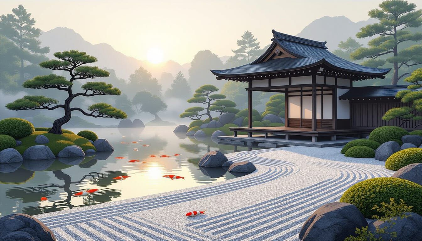 Tranquil Japanese Garden at Sunrise