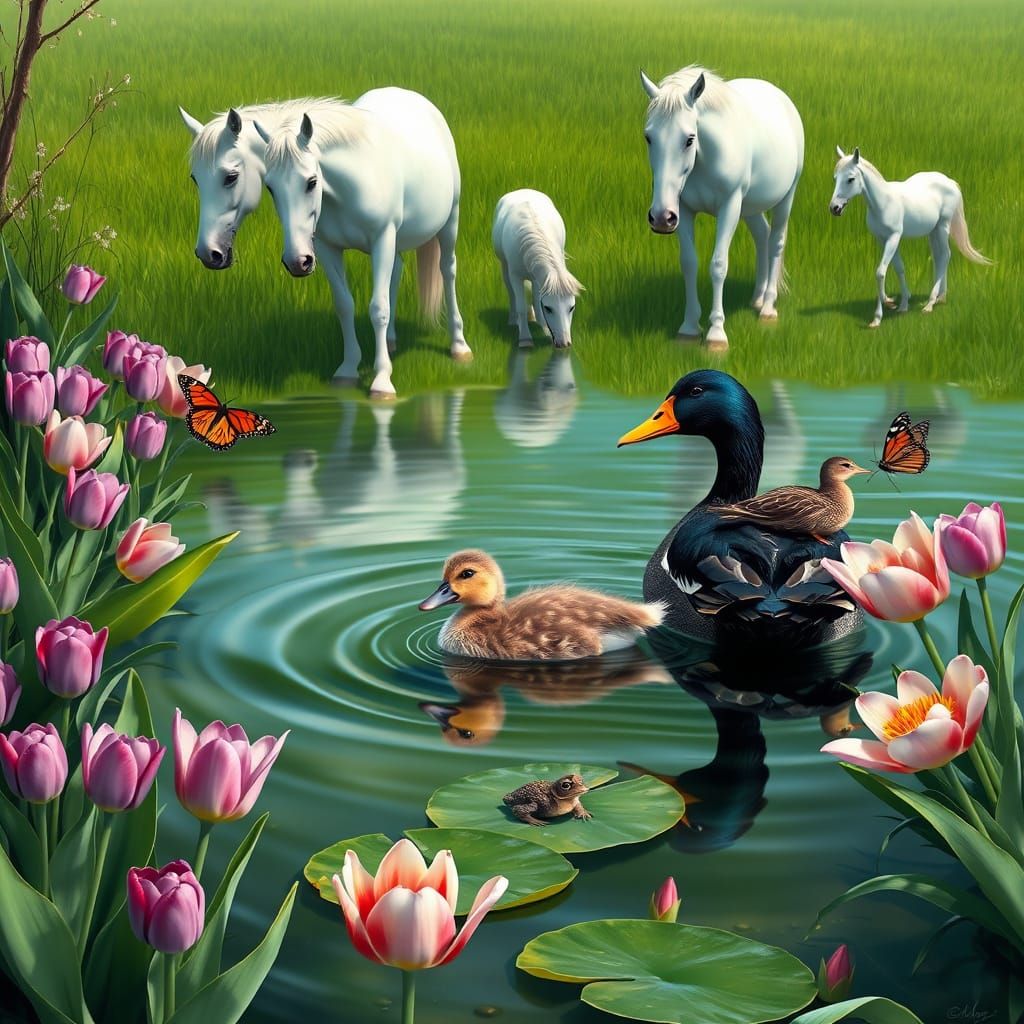 Duckling and Mother in Pond with Horses