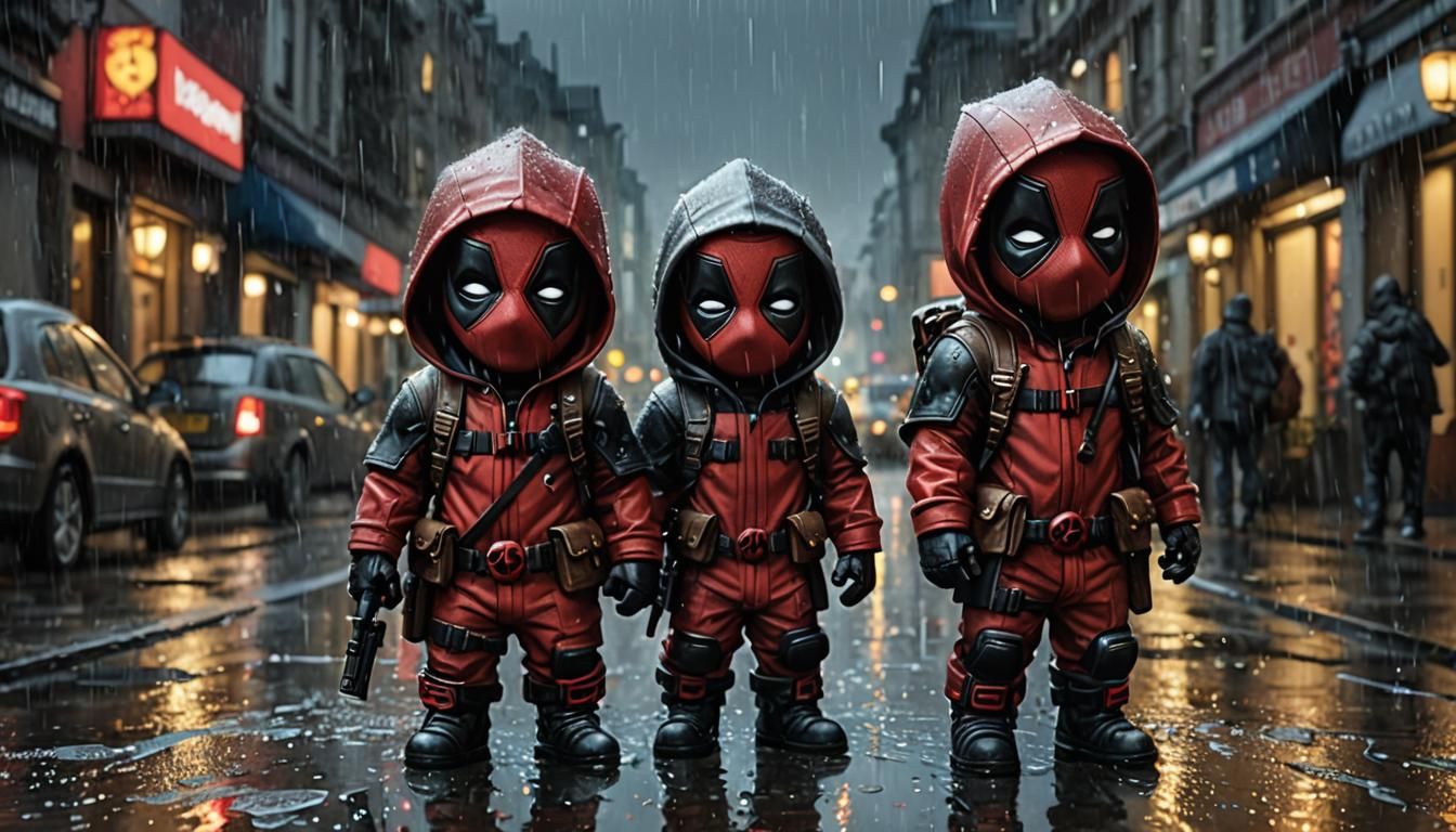 Cute Deadpool Gang in Rain, Digital Art