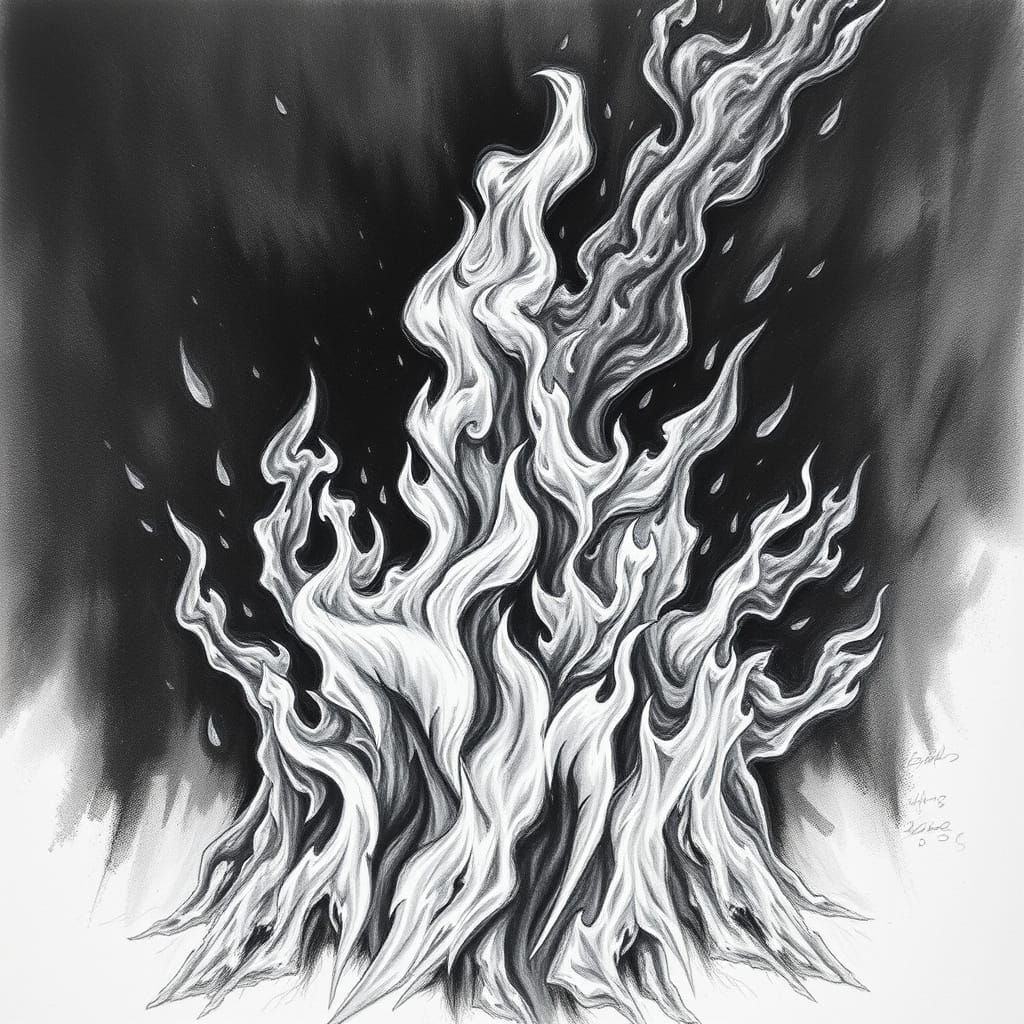 Dramatic Flames in Hyperdetailed Charcoal Drawing