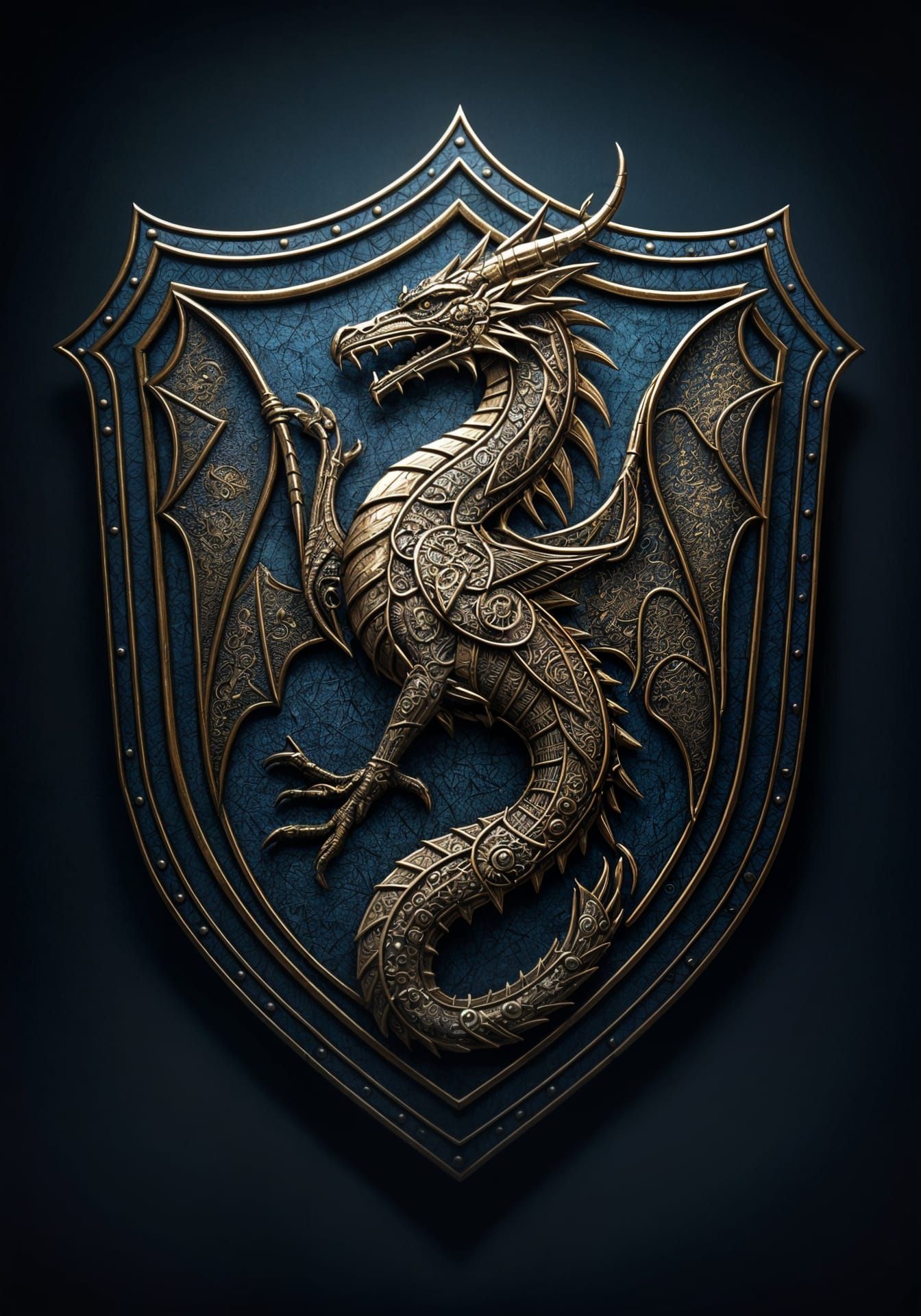Majestic Steampunk Wyvern Shield on Dark Blue Background