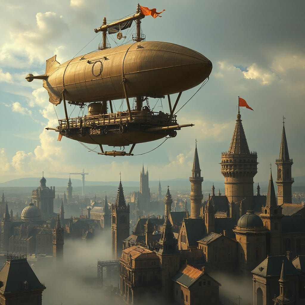 Steampunk Airship Over Fantasy City in Steampunk Style