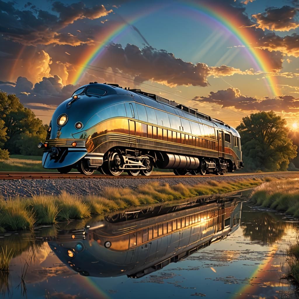 Art Deco Locomotive on Prairie with Fantasy Reflection