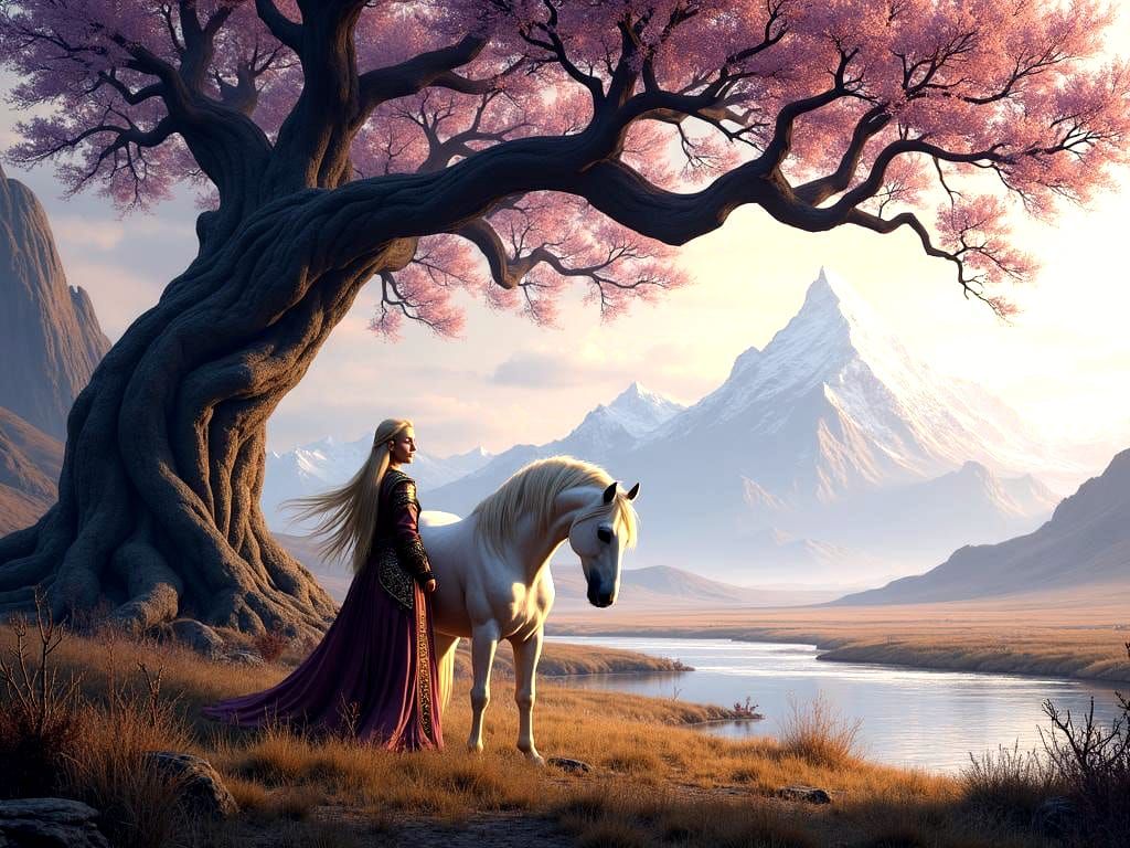 Fantasy Character with White Horse, Detailed Art