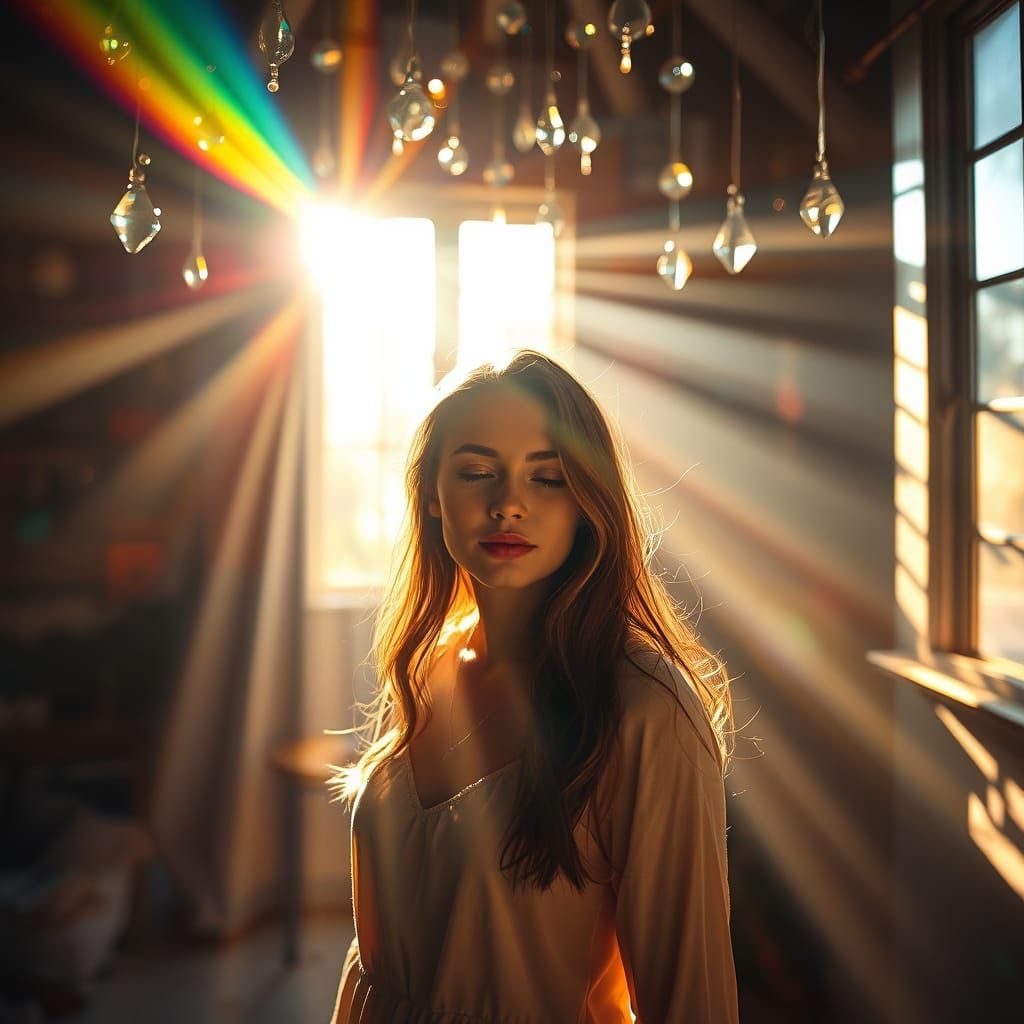 Sunlit Room with Rainbow Light and Serene Woman