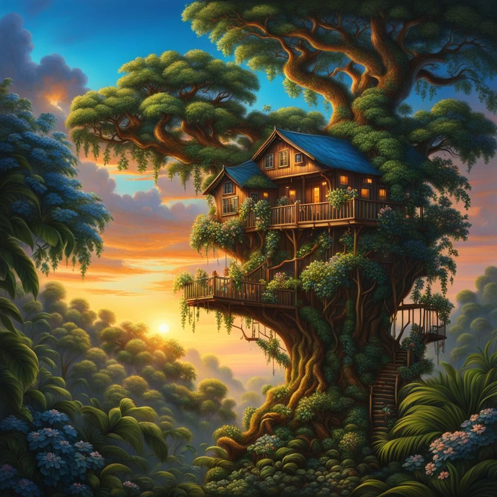 Hyperrealistic Rainforest Treehouse at Sunset