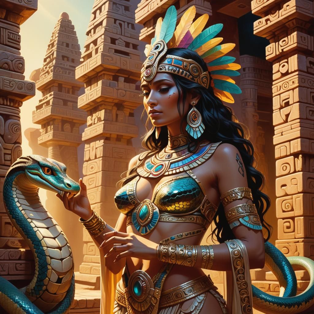 Priestess with Snake Before Aztec Temple