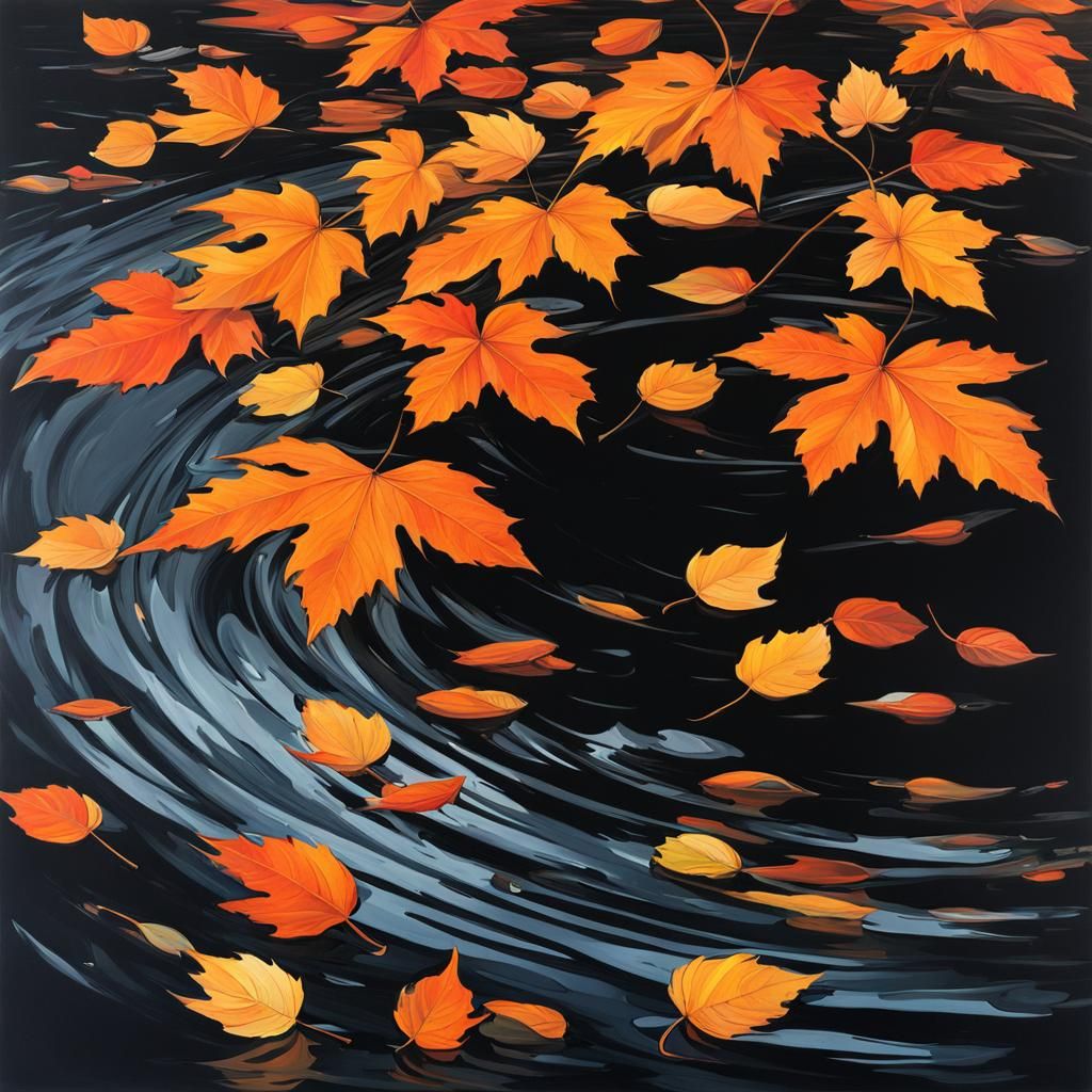 Orange Leaves Float on Dark Water in Anime Style