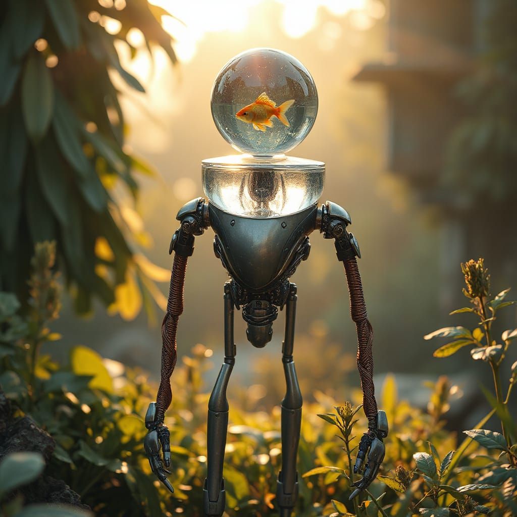 Futuristic Robot in Lush Garden with Aquatic Head