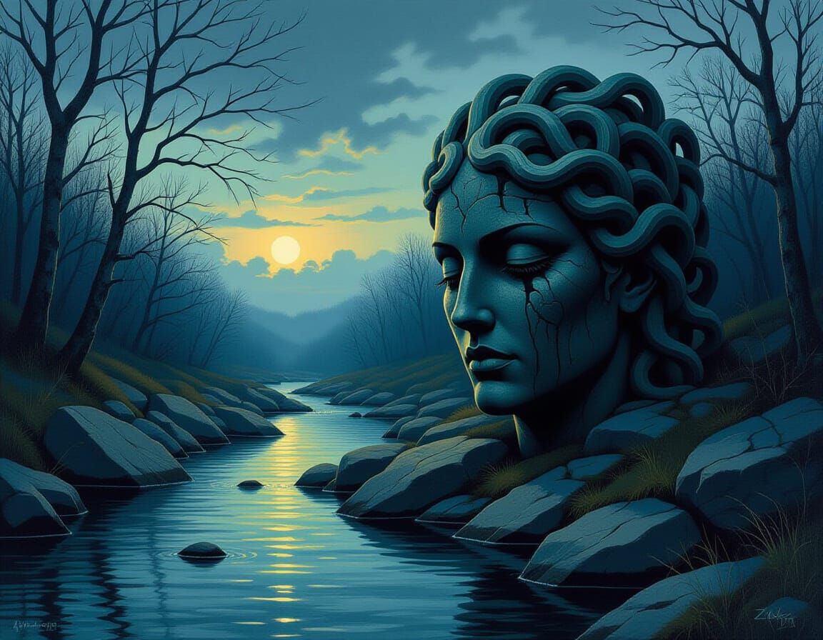 Medusa's Stone Head Emerges in Creepy Dusk Landscape