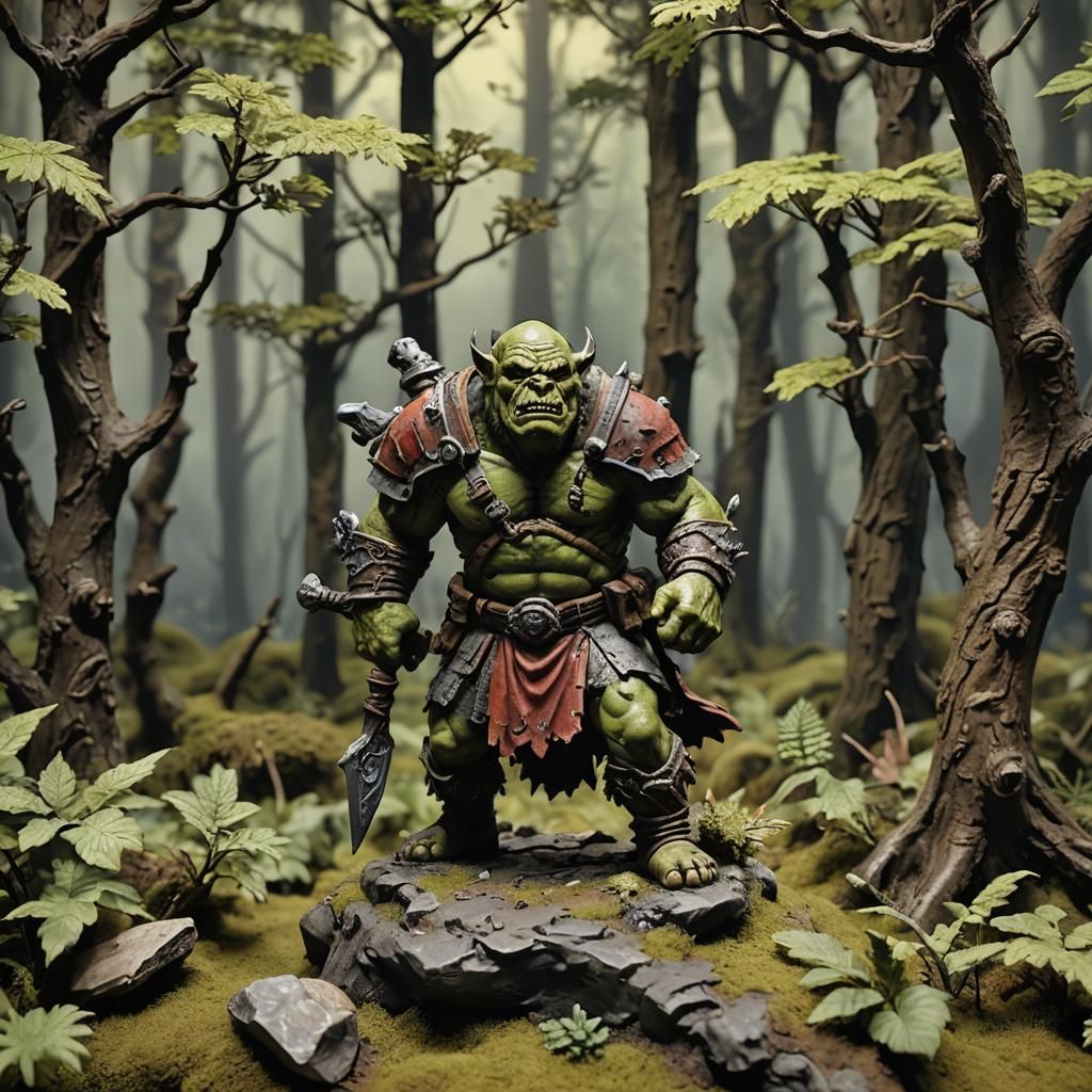 Enamel-Painted Orc Figurine in Forest Diorama