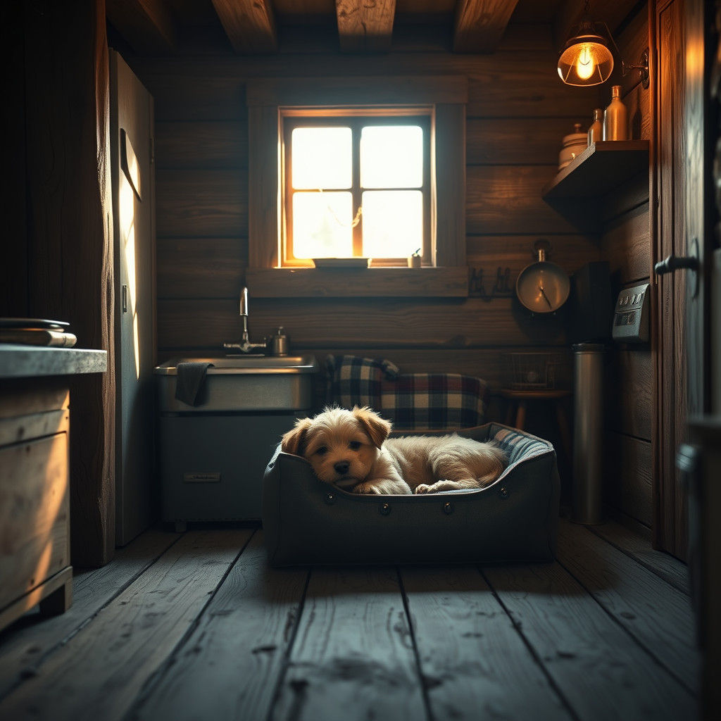 Cozy Cabin Kitchen with Puppy, Hyper-Realistic Clarity