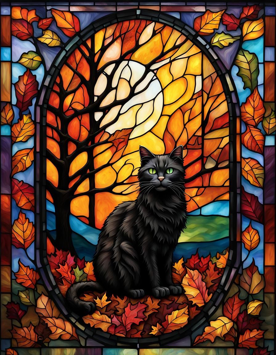 Gothic Stained Glass Cat in Autumn Leaves