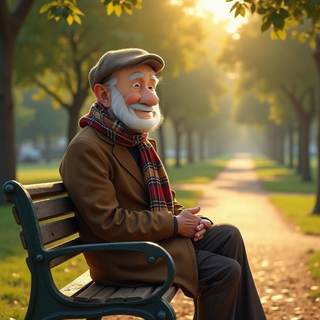 Elderly Man in Park: Disney Pixar Style