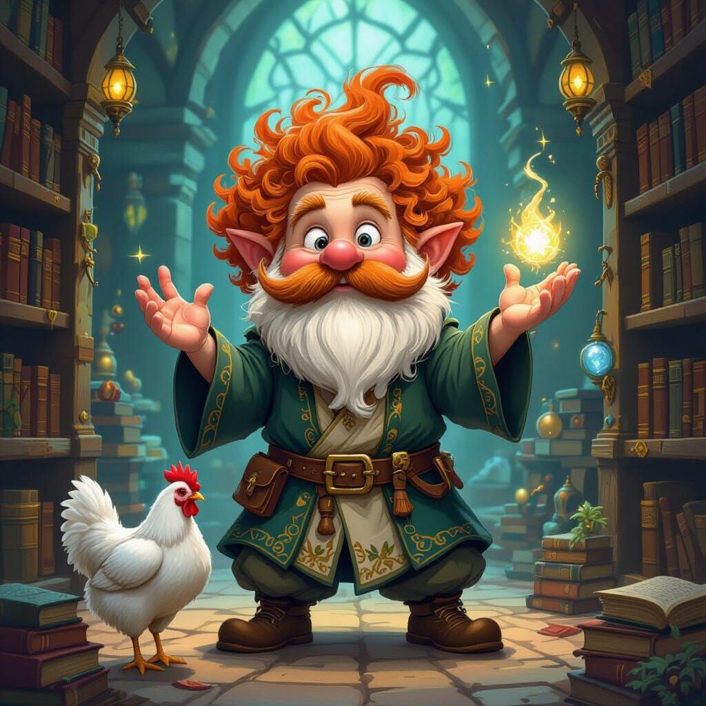Monk Gnome with Chicken in Wizard Library - Fantasy Illustra...