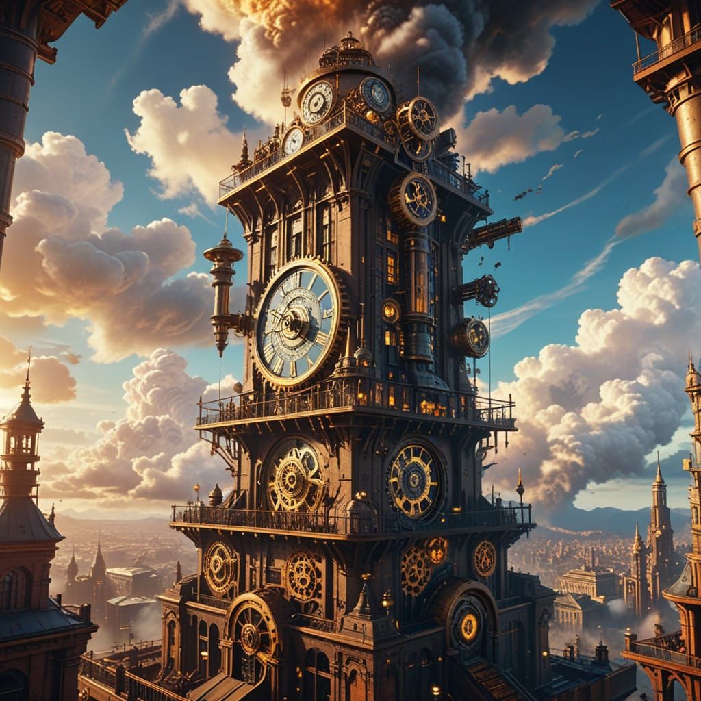 Steampunk Clockwork Tower in Hyperrealistic Digital Painting