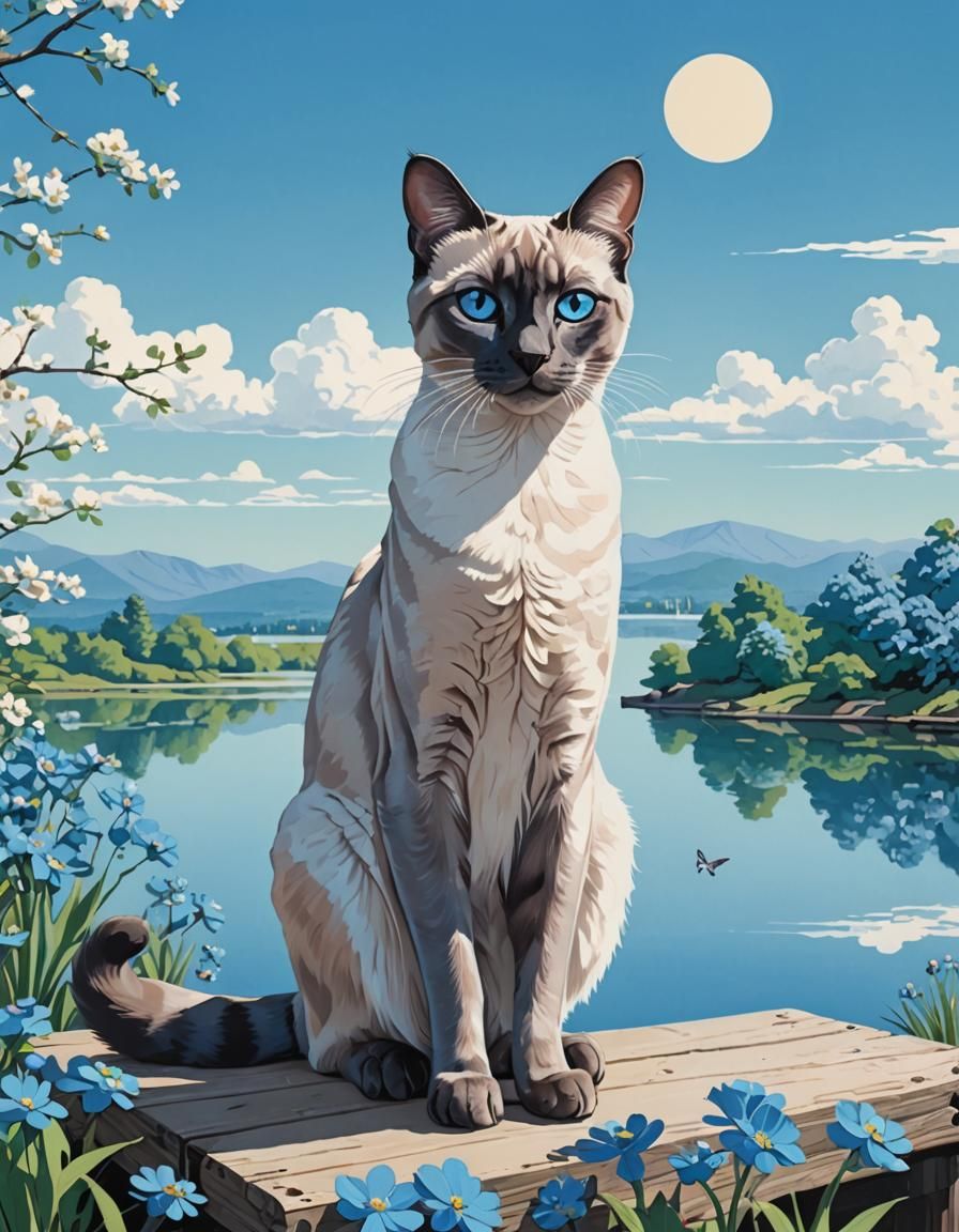 Blue Point Siamese Cat on Lake, Poster Art