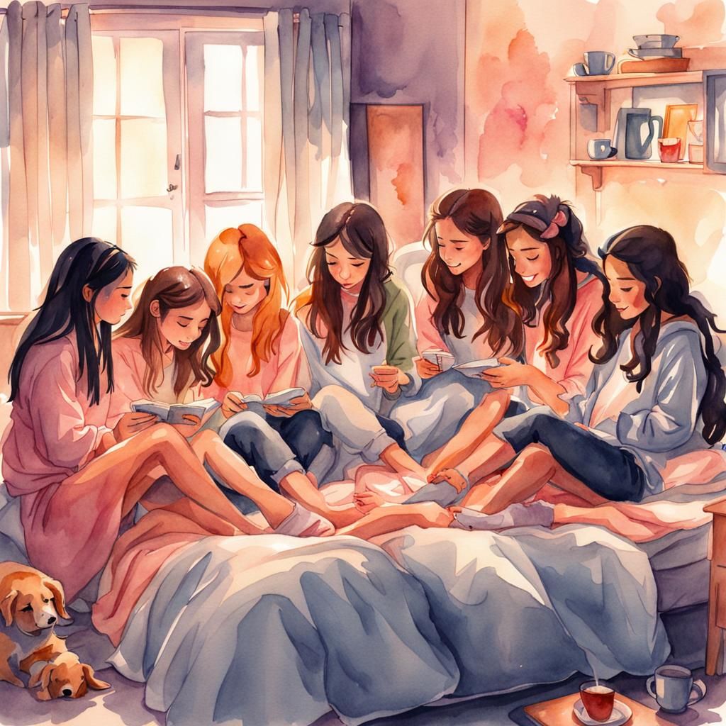 Watercolor Sleepover Concept Art of Teenage Girls