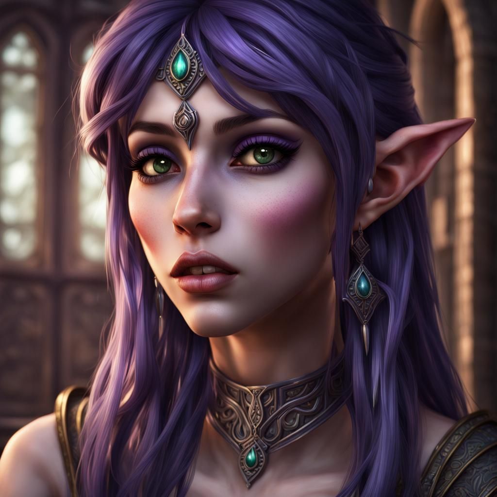 Night Elf Portrait with Purple Hair, Hyperrealistic Art