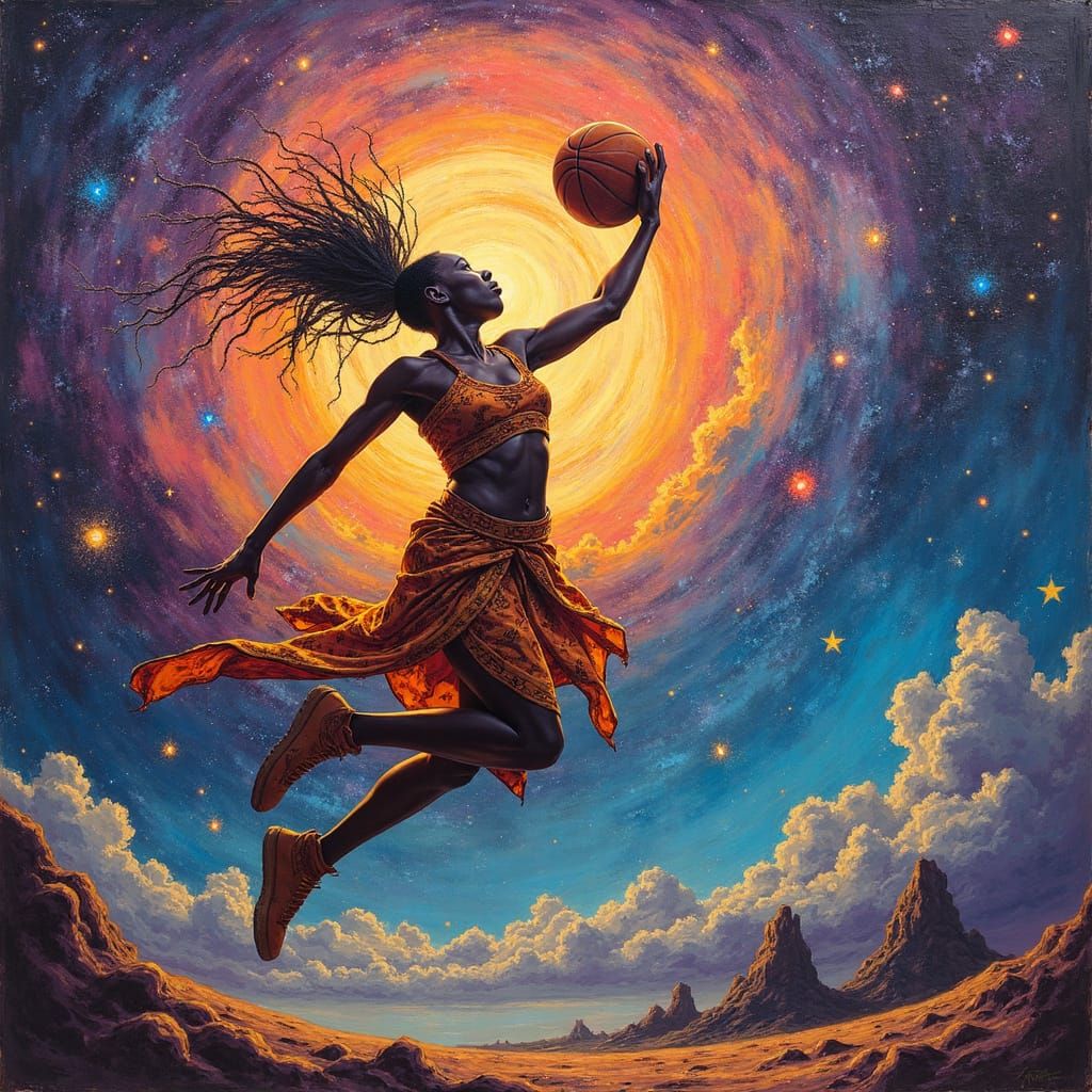 Afrofuturist Woman Leaps for Cosmic Basketball in Nebula
